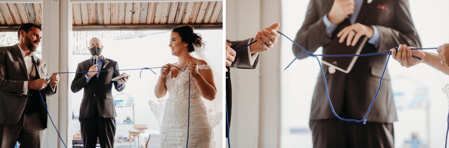 Bride and groom work with blue yarn at their Yosemite wedding reception.