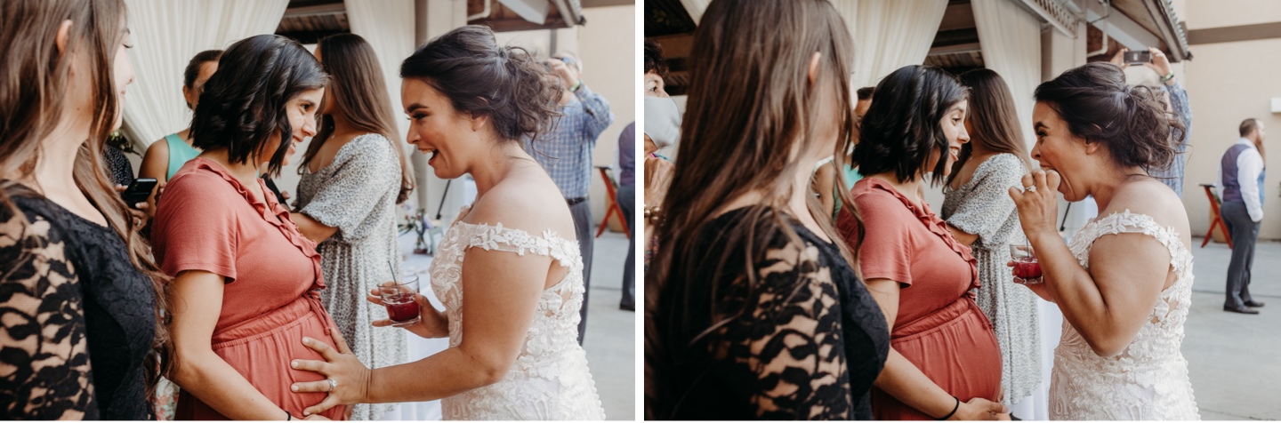Bride talks animatedly with guests at her Yosemite wedding reception at Tenaya Lodge.