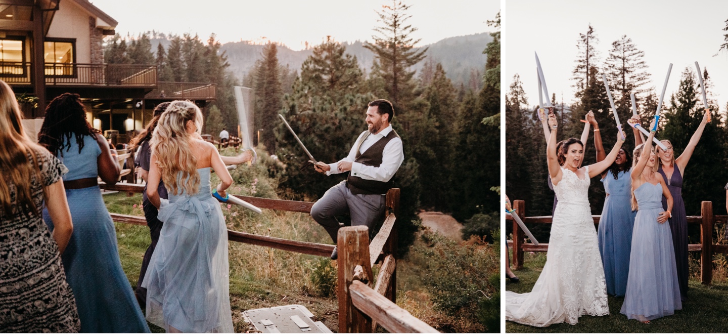 Groom backs down from sword fight and bridesmaids hold swords up in victory. 