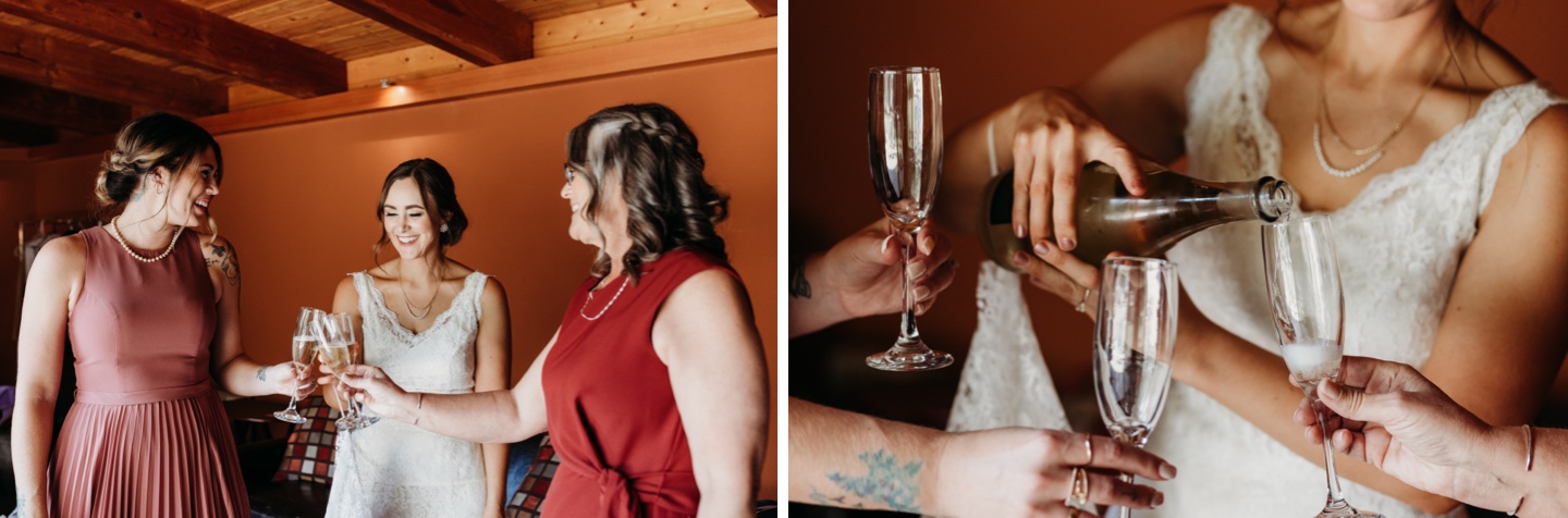 Bride cheers a glass of champagne with her bridesmaid and mother before her wedding at Juliette winery. Sacramento wedding photography by Liz Koston.