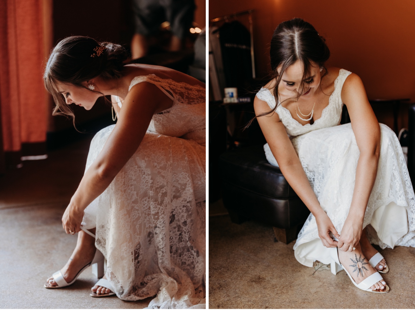 Bride puts on her white heels as the final step before her California vineyard wedding. Sacramento wedding photography by Liz Koston.