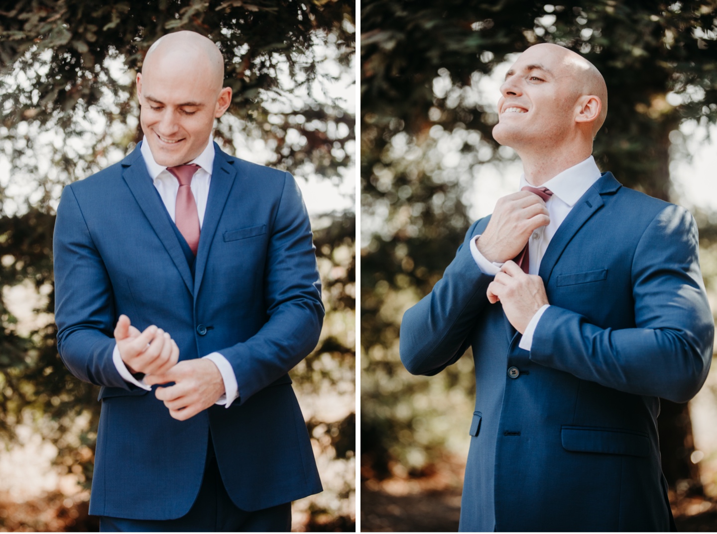 Groom adjusts his cuffs and his tie in his blue suit in front of trees. Wedding photography in Sacramento by Liz Koston.