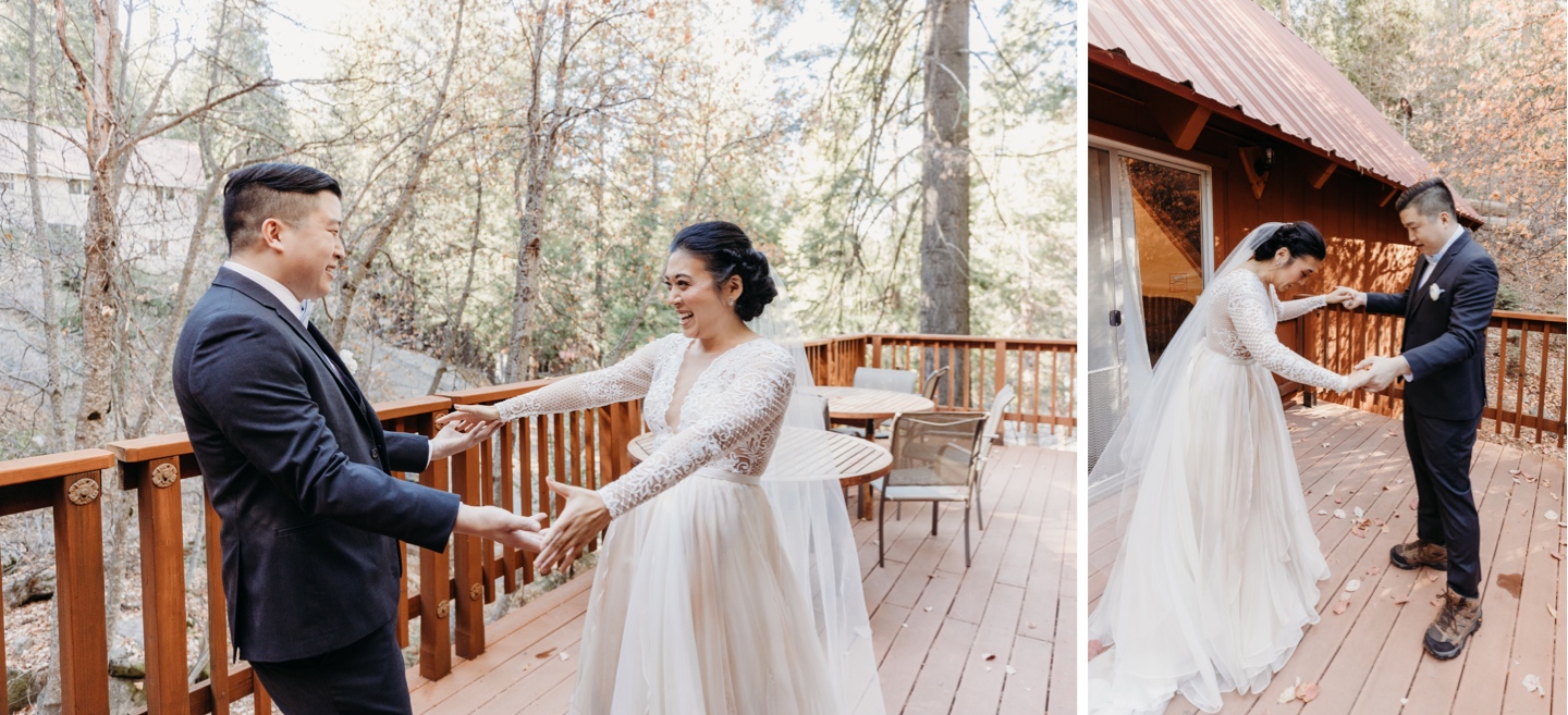 Bride and groom smile widely and hold their arms out to each other during their first look on the deck of their Yosemite cabin before they elope in Yosemite National Park.