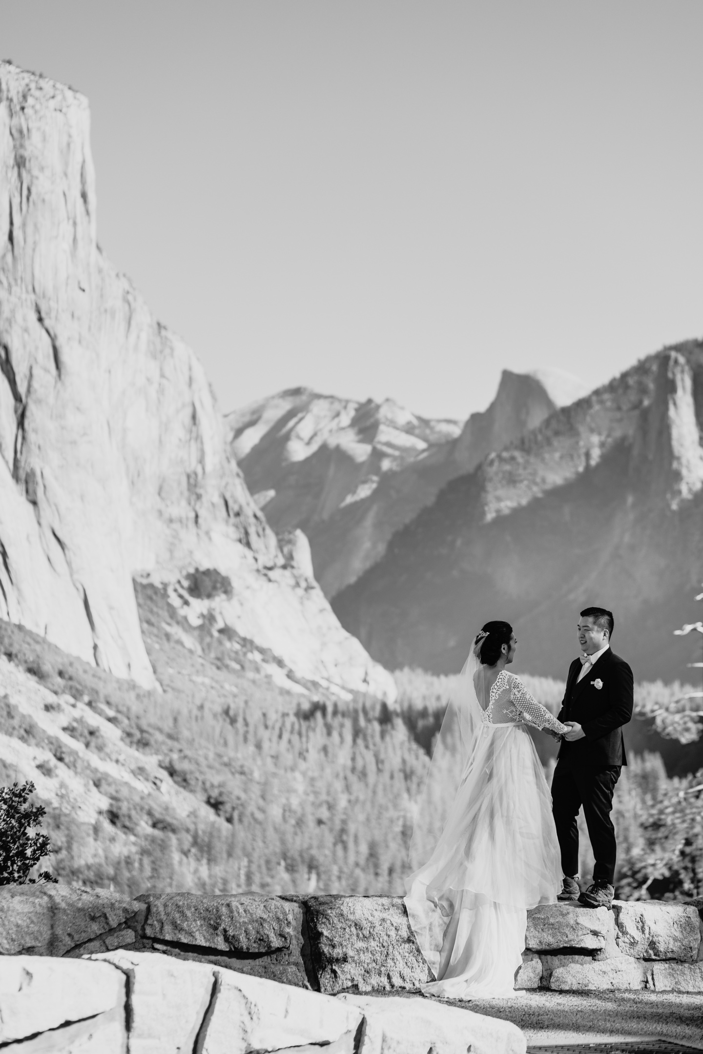 Bride and groom hold hands and gaze at each other with the Yosemite landscape as their backdrop.