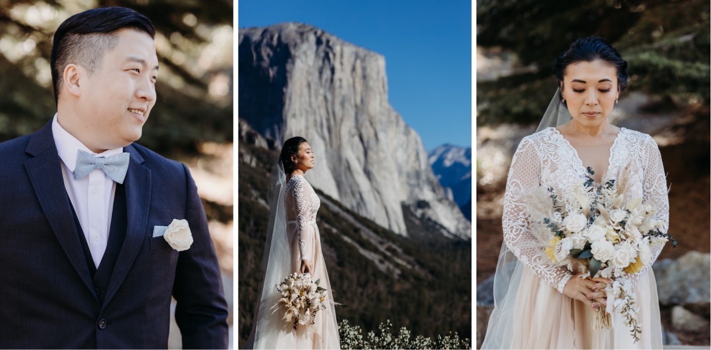Three images. First image is of the groom smiling and looking off in the distance. Second image is of the bride holding flowers by her side with Yosemite in the background. The third image is of the bride looking down at her flowers.