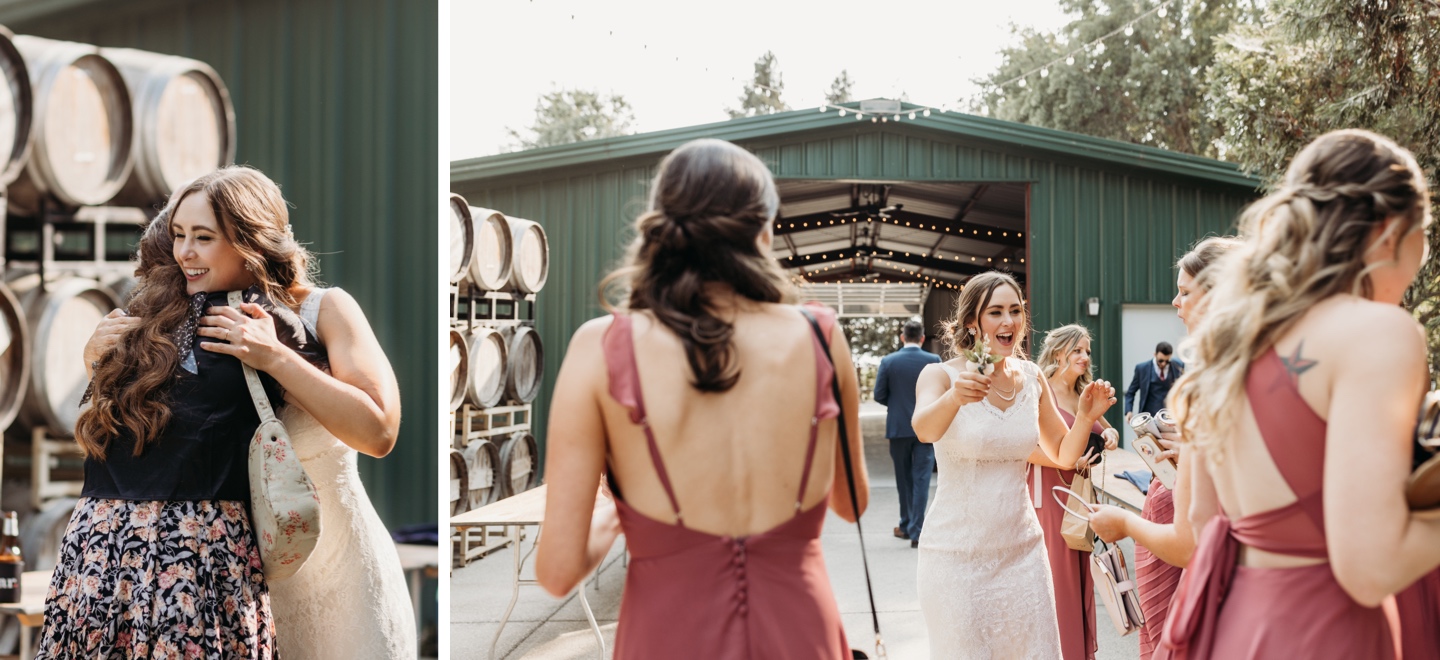 Bride hugs and greets wedding guests at her wedding reception. Wedding photography in Sacramento by Liz Koston.