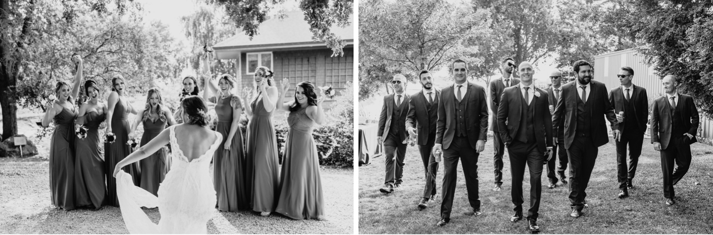 Bride shows off her wedding dress to her bridesmaid as the groom leads his groomsmen to the wedding venue. Wedding photography in Sacramento by Liz Koston.