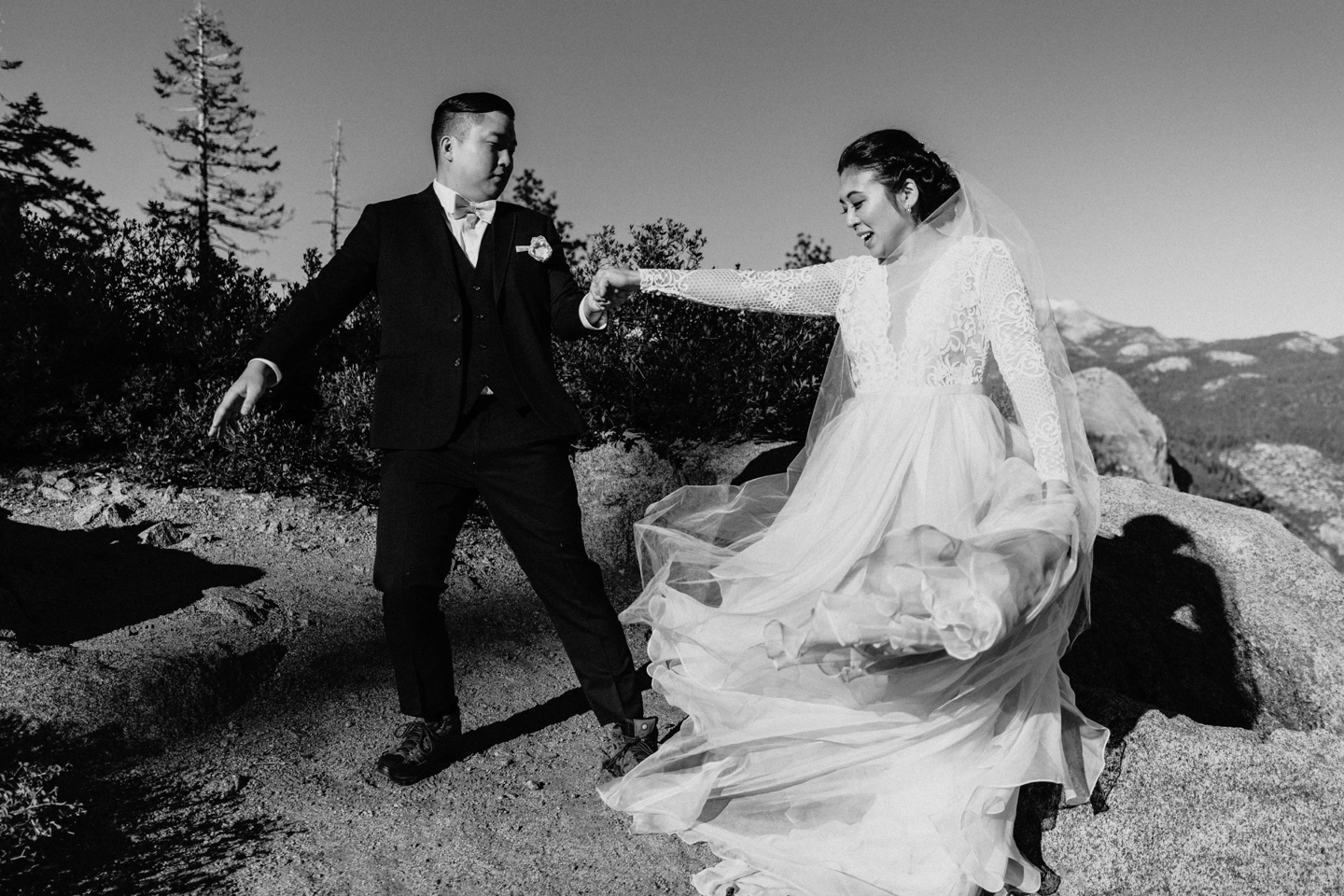 Bride and groom dance in Yosemite after getting married in an intimate elopement.