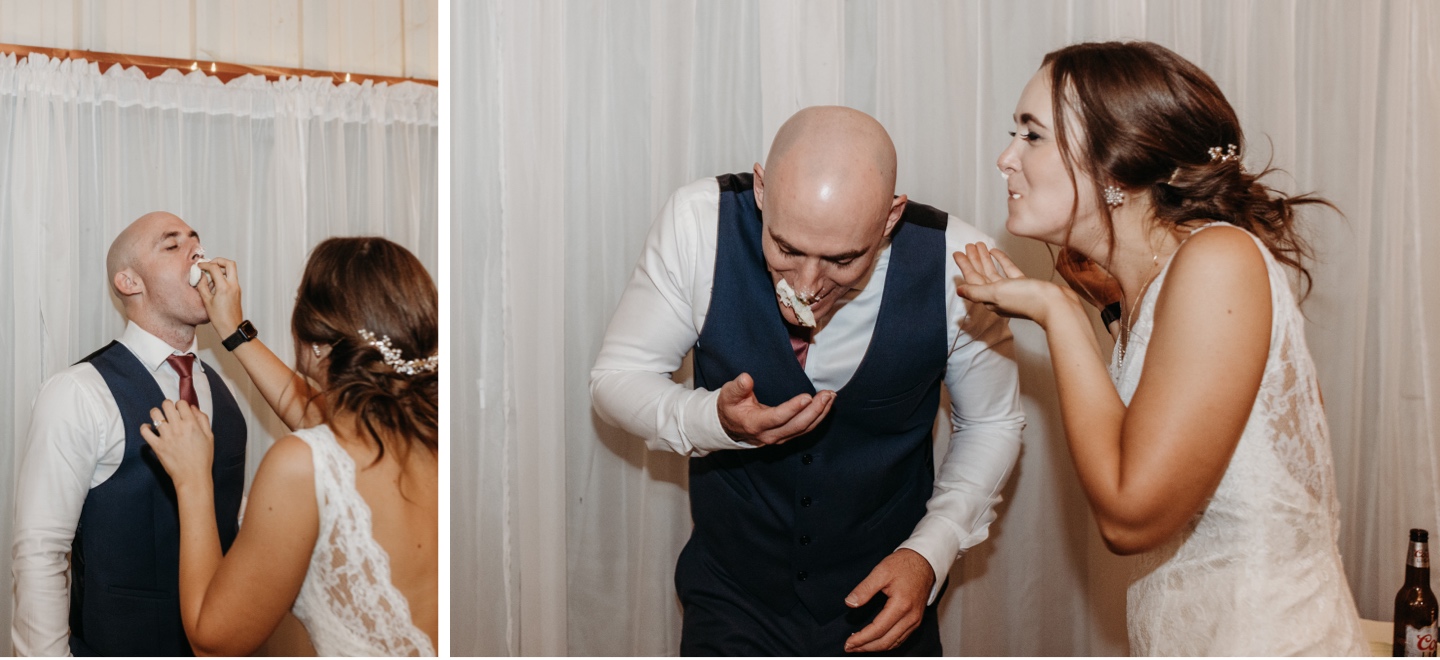 Bride and groom cut the cake and do a cake smash for their wedding photography Sacramento.