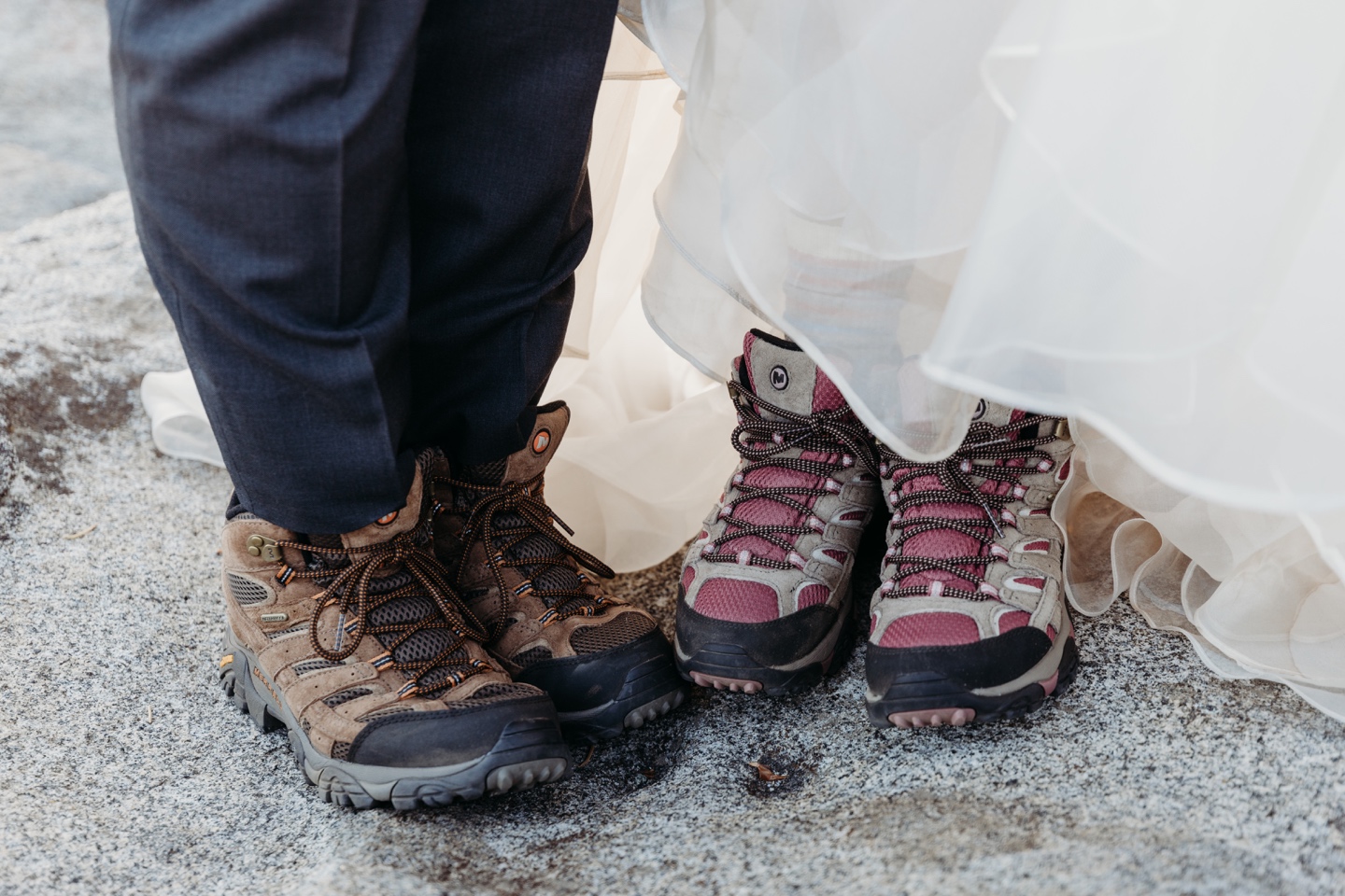 Hiking boots worn by the bride and groom on their Yosemite elopement.