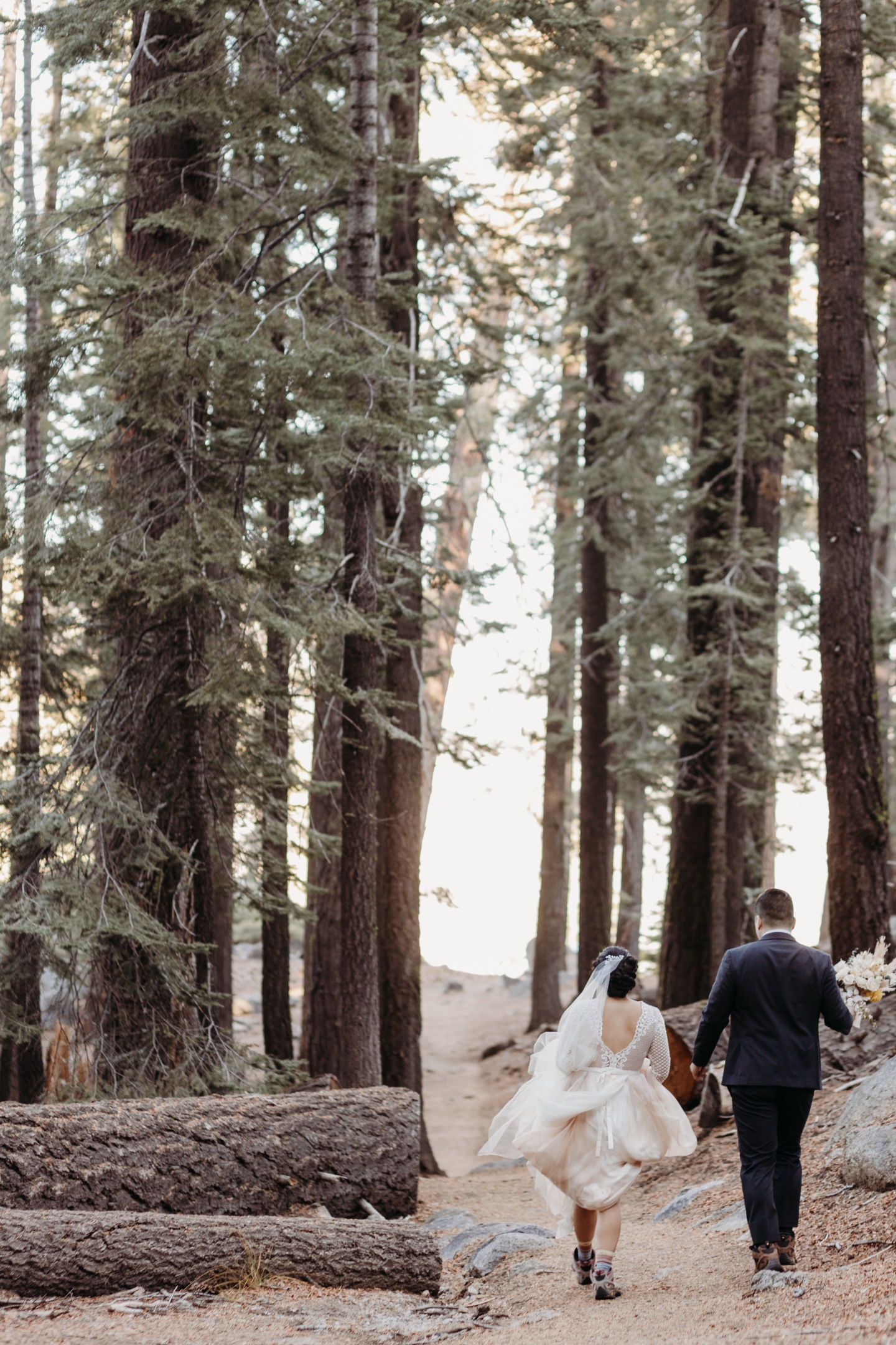 Bride and groom hike down a Yosemite hiking trail in between tall pines in their wedding attire