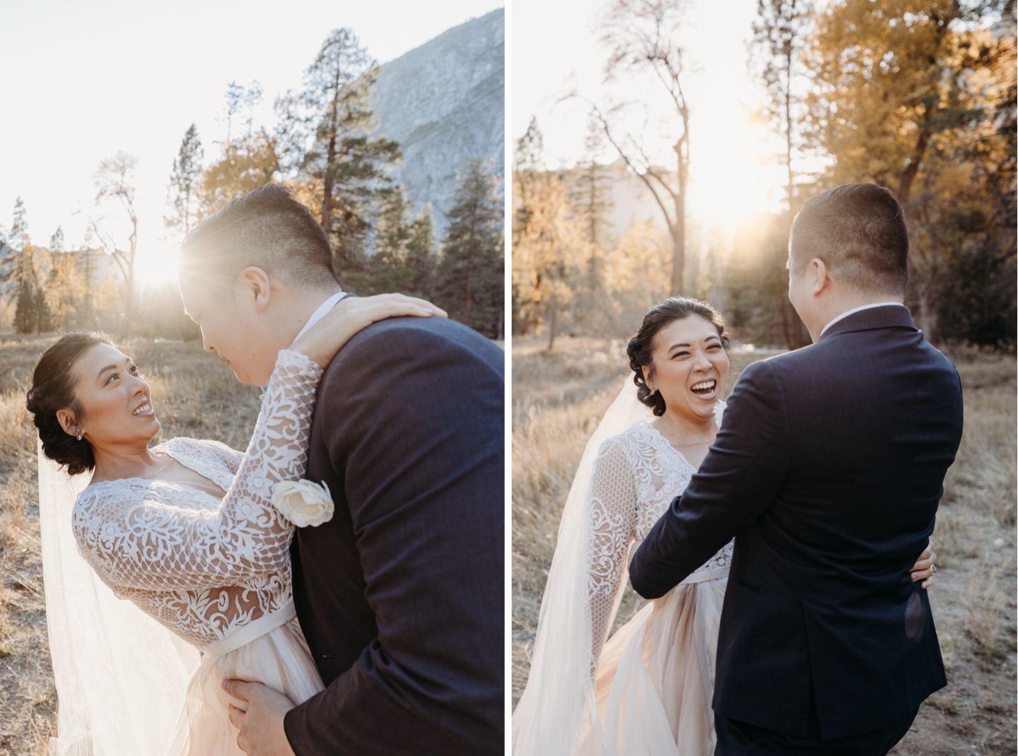 Bride and groom smile in a warm embrace as the sun is setting in Yosemite National Park