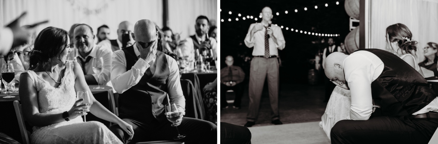 Groom cries during wedding guest's toast as bride laughs. Wedding photography in Sacramento by Liz Koston.