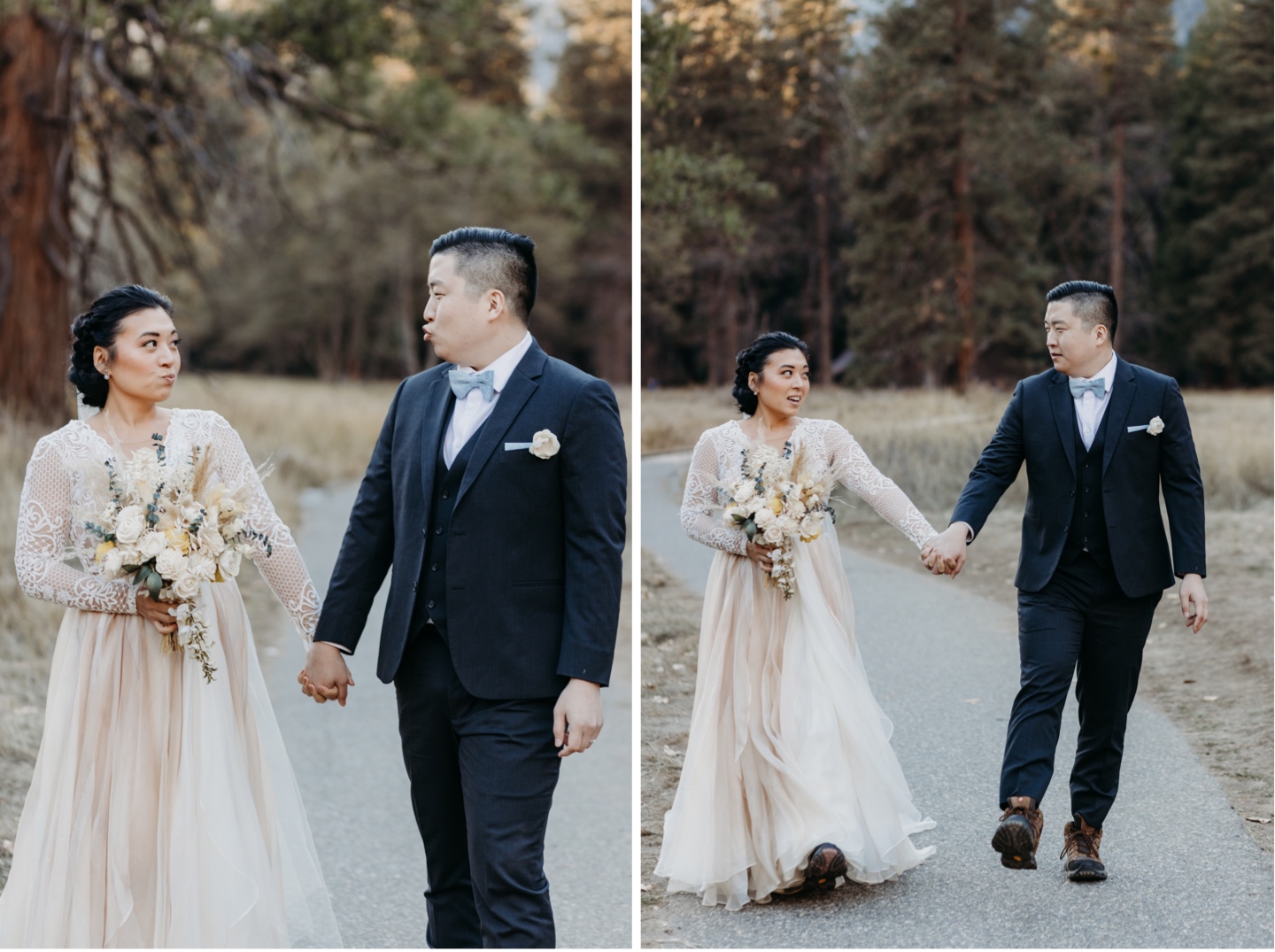 Bride and groom make funny faces at each other as the walk hand in hand down a Yosemite hiking trail.