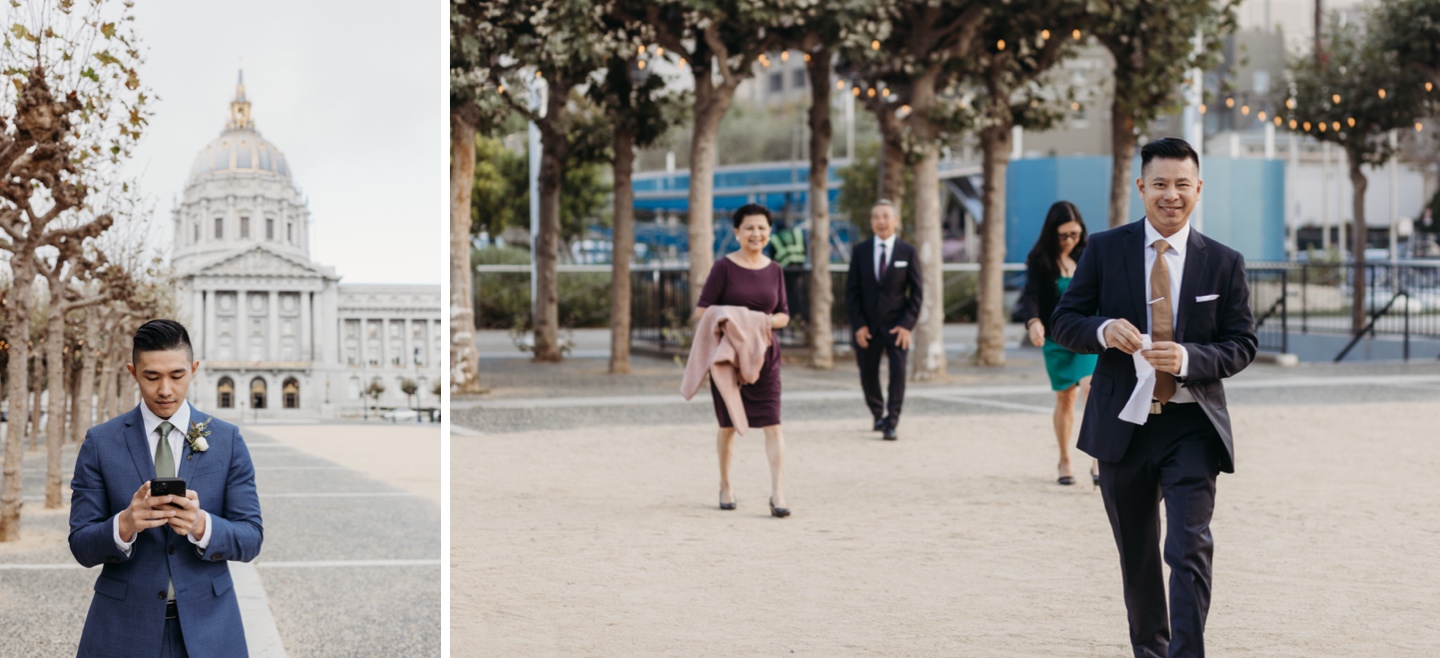 Groom and his family walk towards San Francisco City Hall for his elopement.