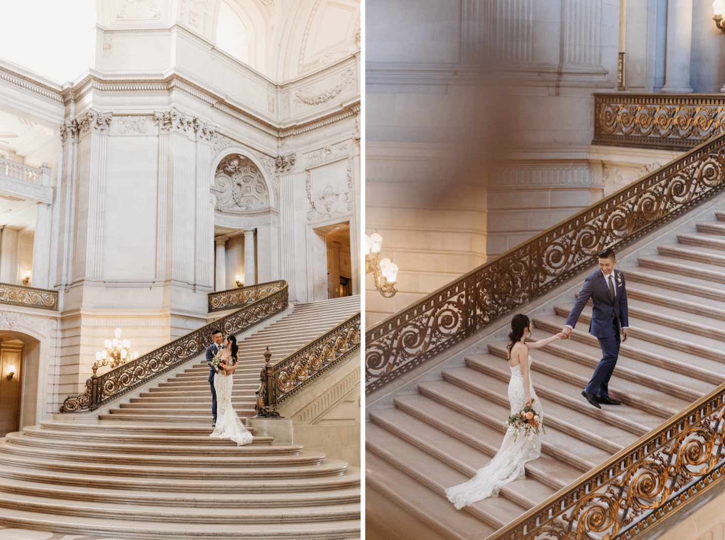 Bride and groom stand and walk up the Grand Staircase in San Francisco City Hall before their elopement.