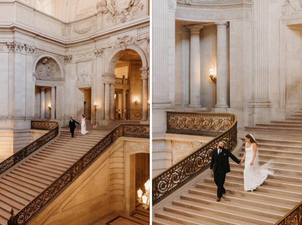 Bride and groom walk down the Grand Staircase holding hands after their San Francisco City Hall wedding. Photo by Liz Koston Photography.