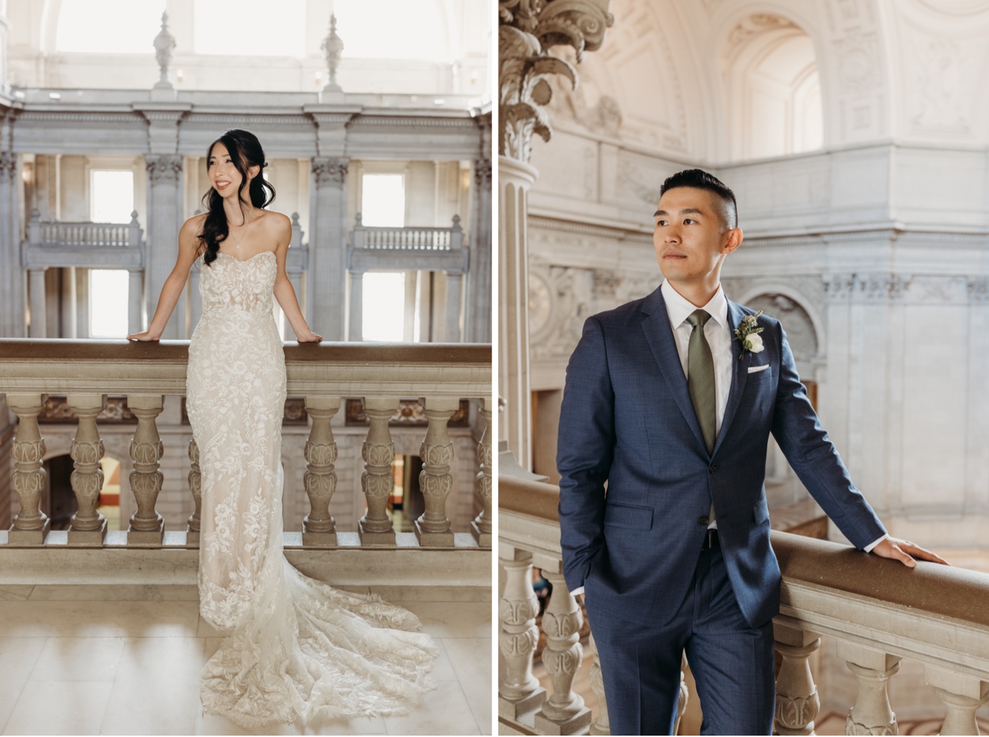 Solo photos of the bride and groom in San Francisco City Hall. Liz Koston Photography.