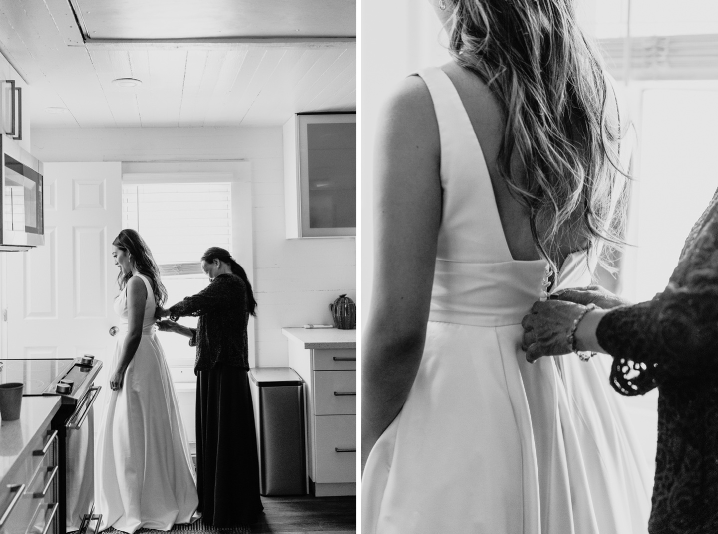 Mother of the Bride buttons up the back of the bride's white wedding dress. Liz Koston Photography.