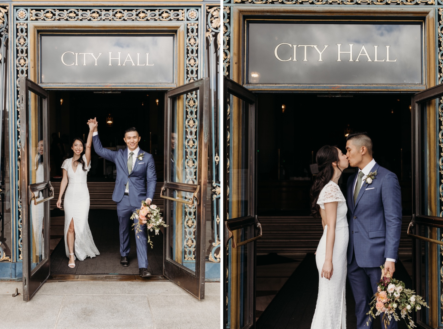 Bride and groom walk out of San Francisco City Hall under the City Hall sign and kiss while the groom holds the bouquet of flowers. 