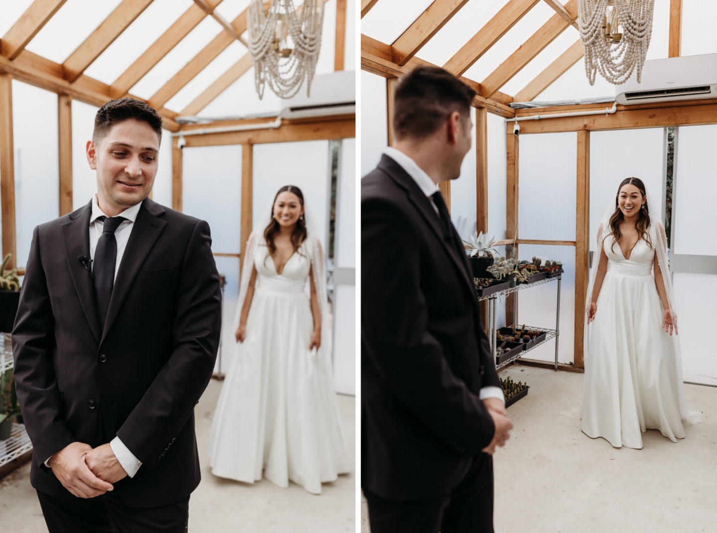 Bride walks up to her groom for an intimate first look before their Prickly Pear wedding.
