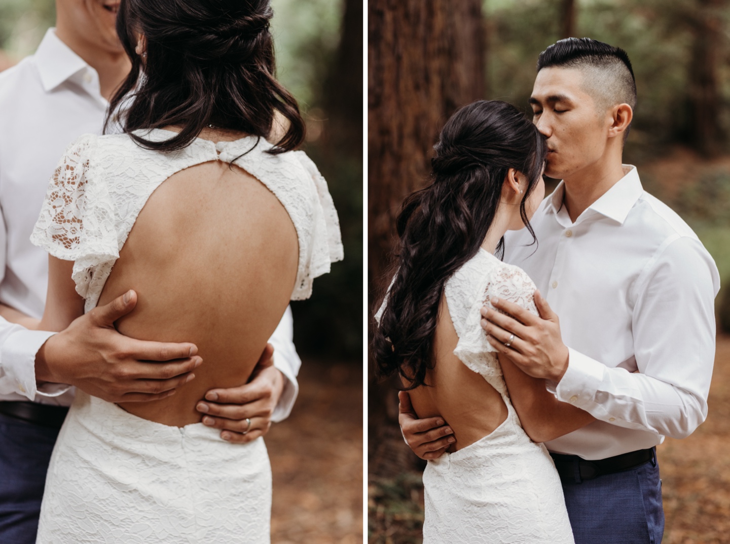Groom kisses bride's forehead as they embrace in Golden Gate Park after their San Francisco elopement.