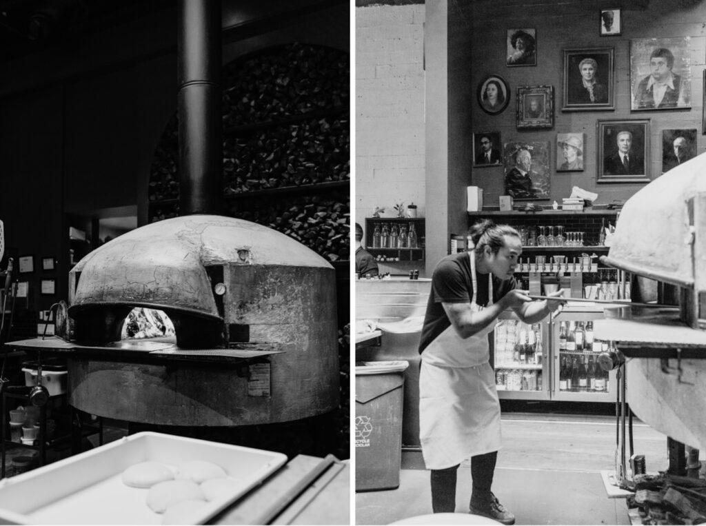 Pizza oven and pizza being made in a San Francisco restaurant. Photo by Liz Koston Photography.