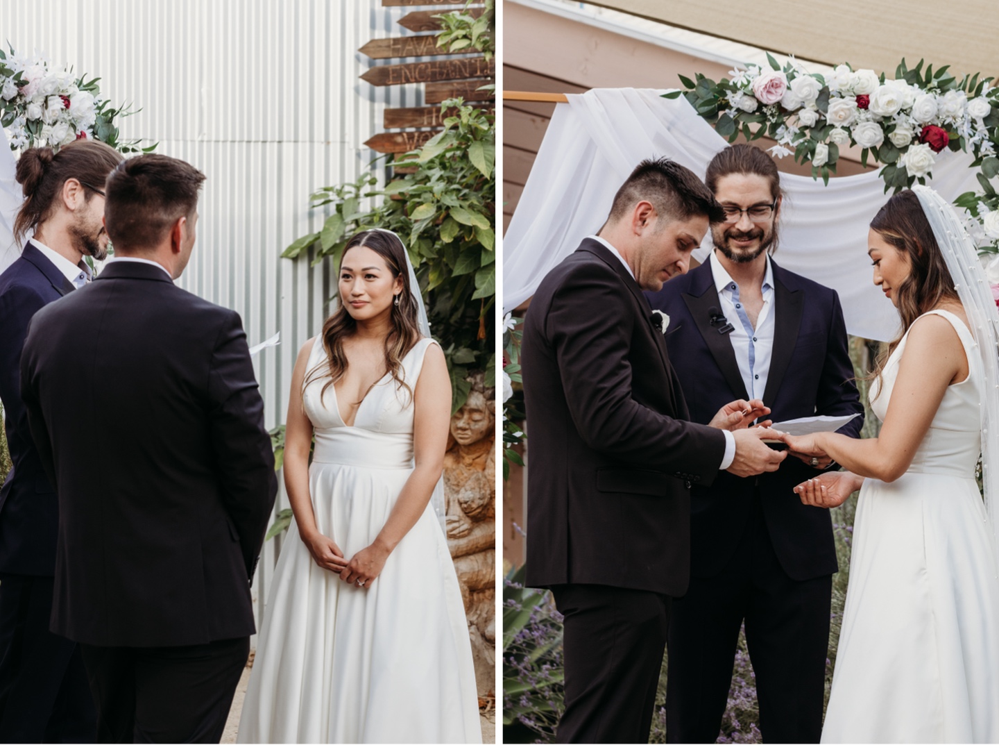 Bride and groom exchange vows and wedding rings during their Prickle Pear wedding ceremony.