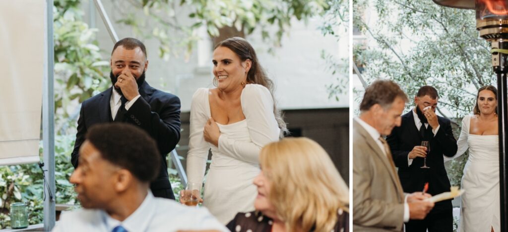 Bride and groom react to wedding speeches during their wedding reception. Photo by Liz Koston Photography.