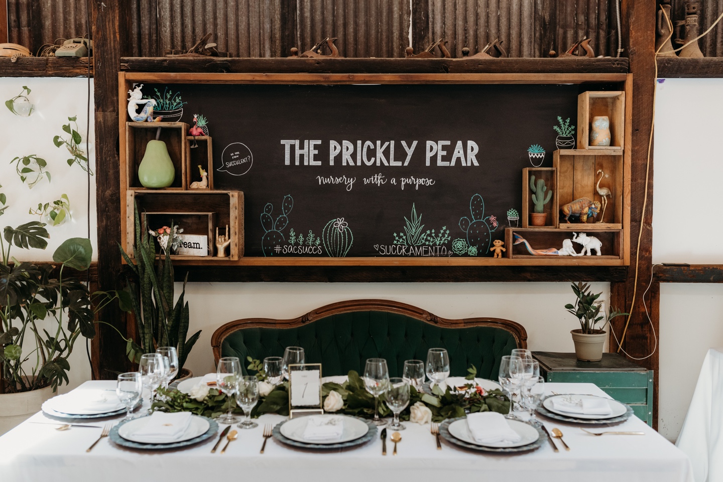 Table setting with Prickly Pear sign and green plants. Liz Koston Photography.