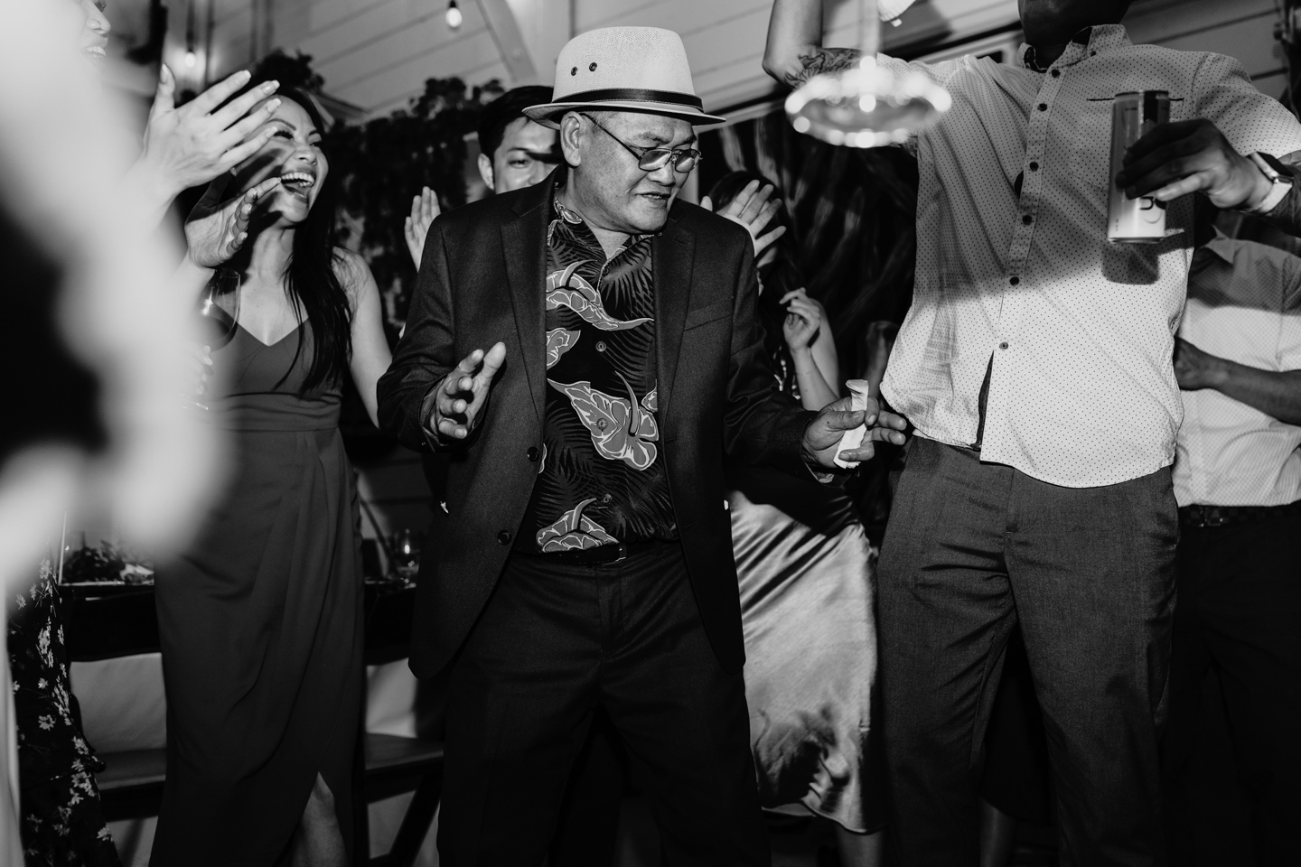 Wedding guests dancing at Prickly Pear wedding reception in Sacramento, CA.