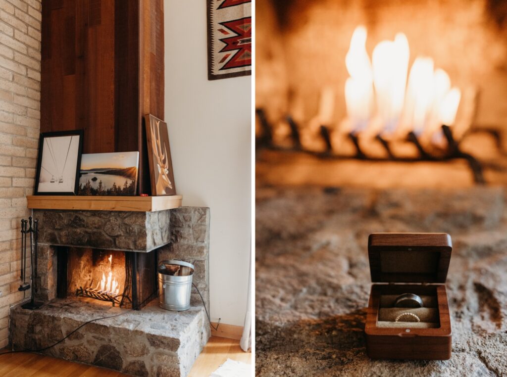 Cozy fireplace with wedding bands in a wooden box in front of it. Liz Koston Photography.