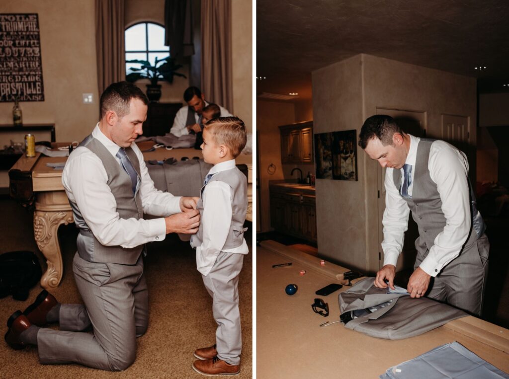 Father helping his little son get ready for a wedding. Liz Koston Photography.