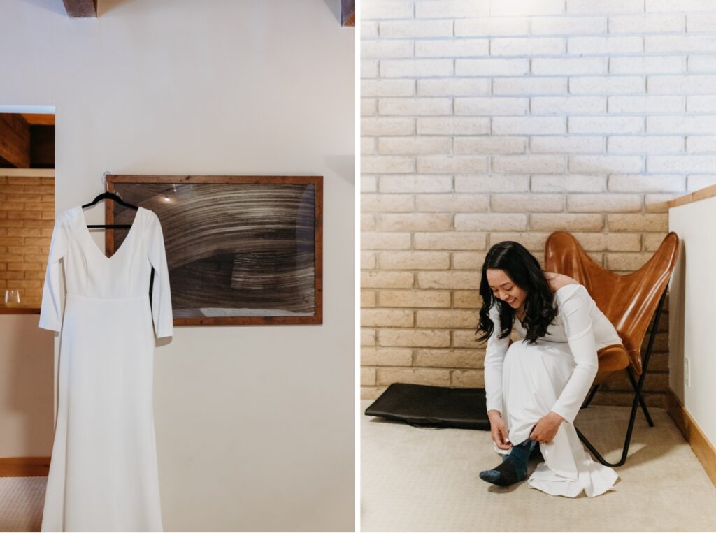 Wedding dress on a hanger before the bride puts it on. Liz Koston Photography.