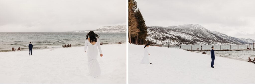 Bride walks up behind her groom for a private first look with the snowy mountains of Lake Tahoe in the distance. Liz Koston Photography.