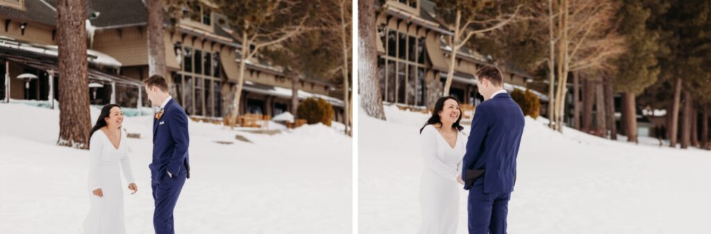 Groom turns to see his bride in her wedding dress for the first time during the Lake Tahoe winter elopement. Liz Koston Photography.