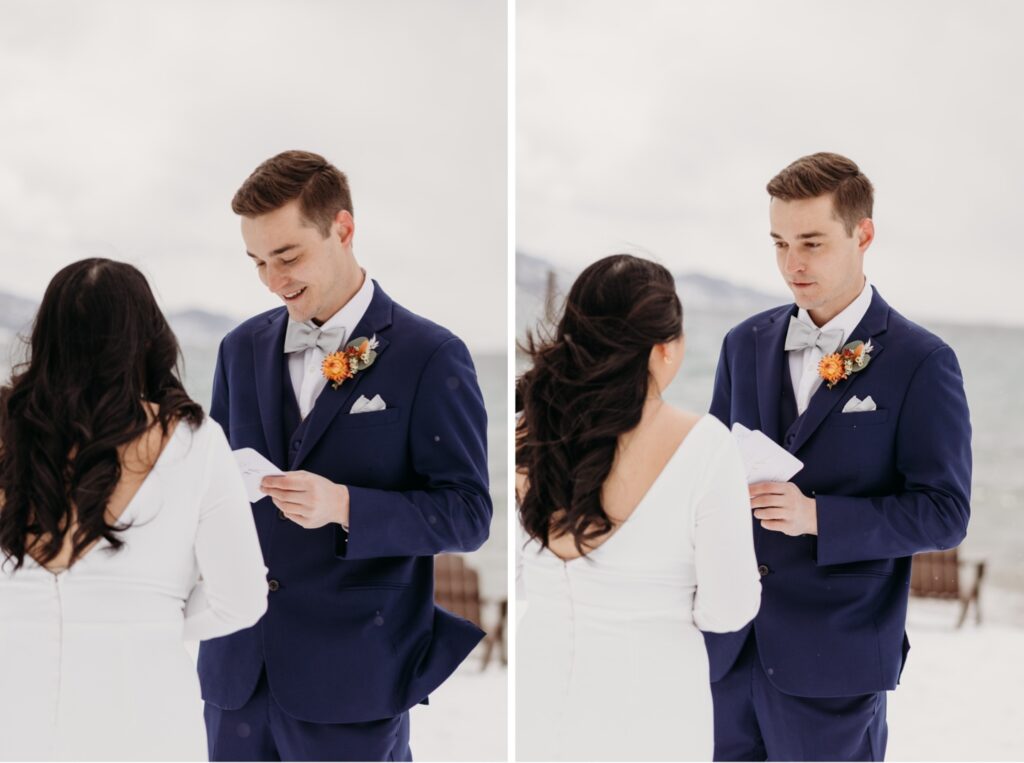 Groom reads his vows to his bride before the guests show up on the snowy banks of Lake Tahoe. Liz Koston Photography.