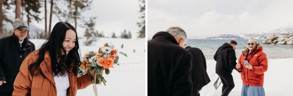 Bride and guests walk through the snow toward the couple's Lake Tahoe winter elopement. Liz Koston Photography.