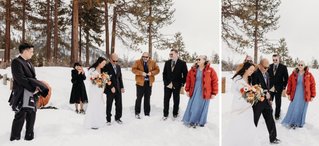 Guests watch the bride walk down the aisle with her Father in the snow. Lake Tahoe winter elopement. Liz Koston Photography.