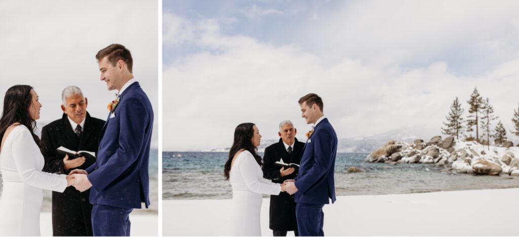 Bride and groom exchange vows on the snowy banks of Lake Tahoe during their winter elopement. Liz Koston Photography.