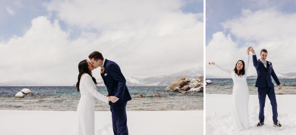 Bride and groom kiss and then celebrate after they elope in Lake Tahoe in the snow. Liz Koston Photography.