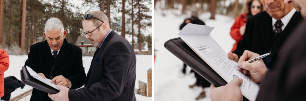 Witnesses sign the marriage certificate after the couple's Lake Tahoe elopement. Liz Koston Photography.