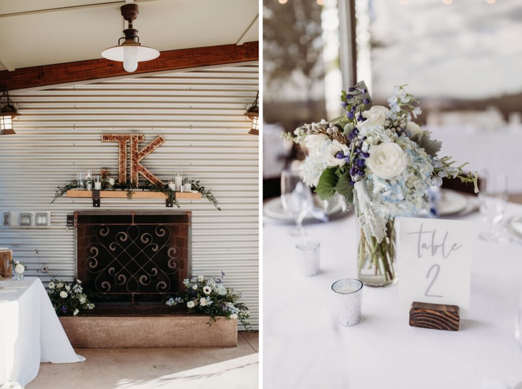 J and K initials over the fireplace and table decorations at Helwig Winery. Liz Koston Photography.