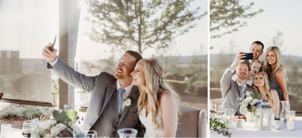 Bride and groom take a selfie at their dinner table. Liz Koston Photography.