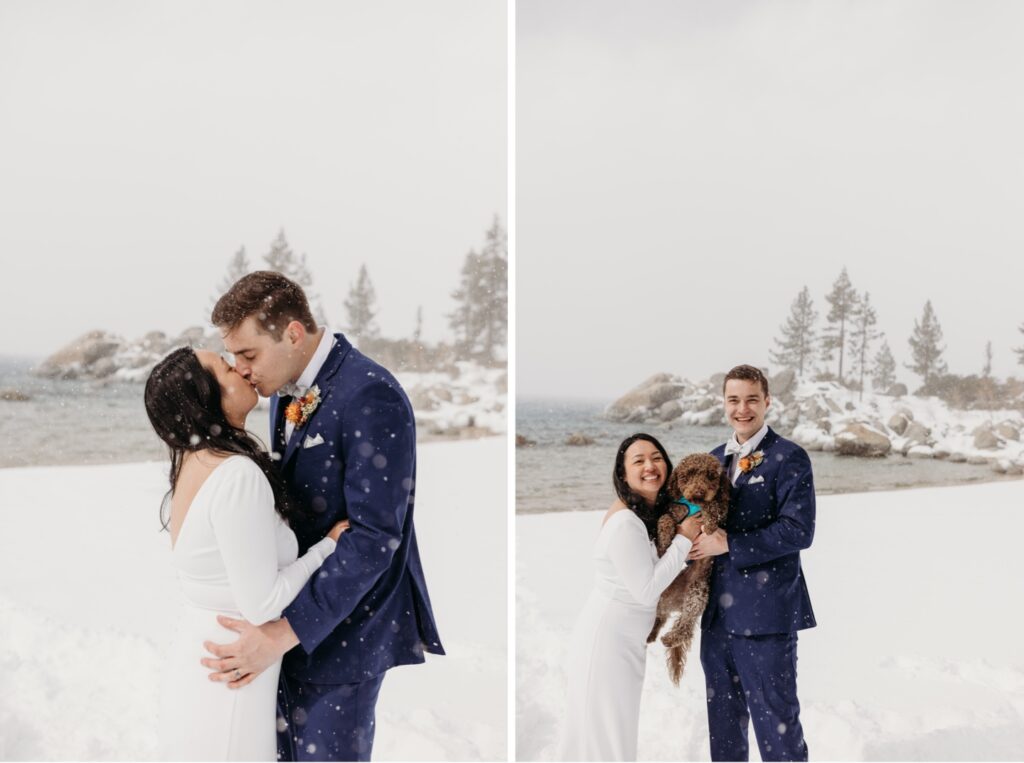 Bride and groom kiss in the snow during their Lake Tahoe winter elopement. Liz Koston Photography.