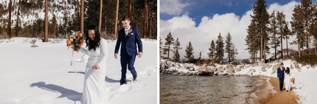 Bride and groom walk through the deep snow to the sandy bank of Lake Tahoe during their winter elopement. Liz Koston Photography. 