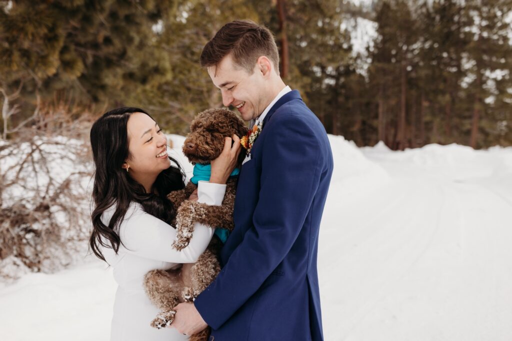 Bride and groom hold their brown dog in between them in the snow during their winter elopement in Lake Tahoe. Liz Koston Photography.